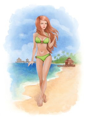 kadın bir plajda bikini