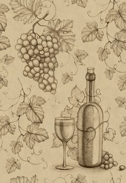 Modèle sans couture avec dessin au crayon de bouteille de vin et de raisin — Photo