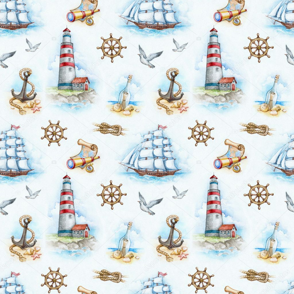 Nautical watercolor seamless pattern