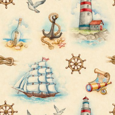Nautical watercolor seamless pattern
