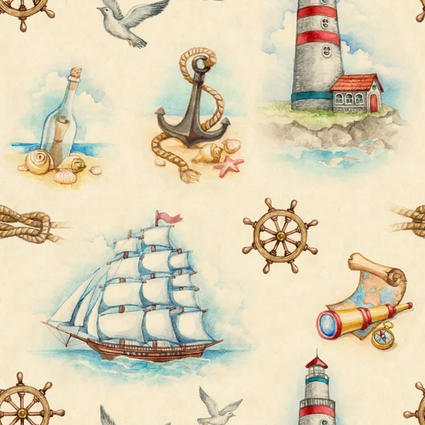 Nautical watercolor seamless pattern — Stock Photo, Image