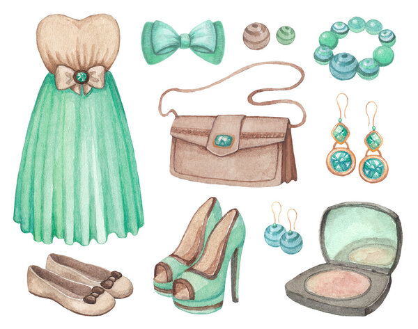 Collection of watercolor dresses and accessories