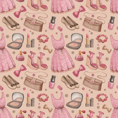 Fashion pattern with watercolor dresses and accessories