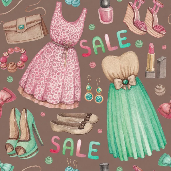 Seamless pattern. Watercolor illustrations of dresses and access — Stock Photo, Image