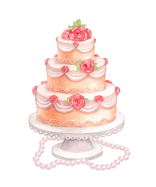 Watercolor illustration of cake with flowers. Perfect for invitation