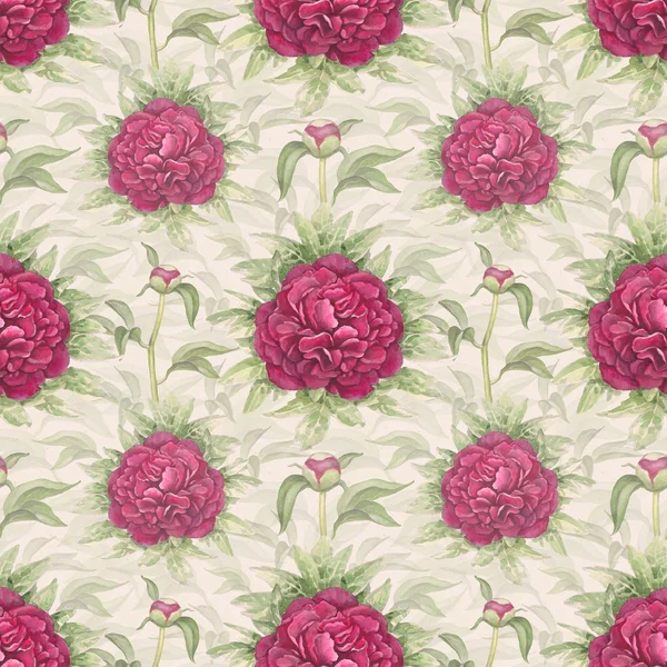 Watercolor illustration of peony flowers. Seamless pattern — Stok fotoğraf