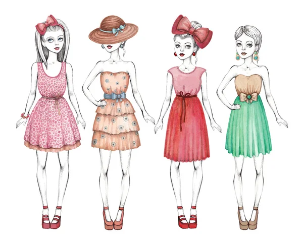 Fashion girls illustration. Line art and watercolor — Stock Photo, Image