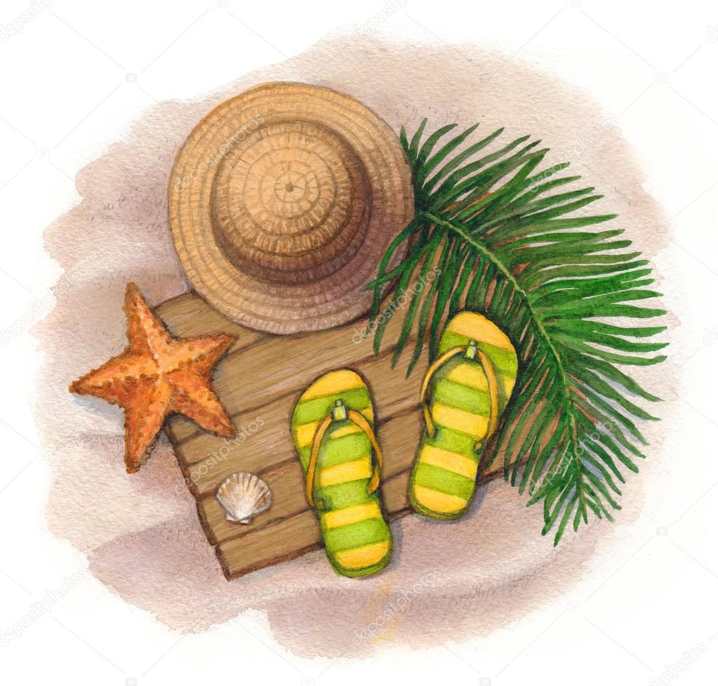 Summerr holiday illustration. Straw hat, flip flops and shells