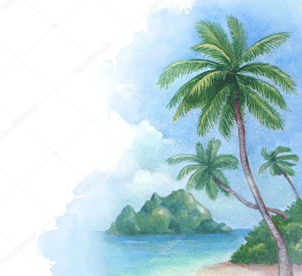 Watercolor background with illustration of the tropical beach