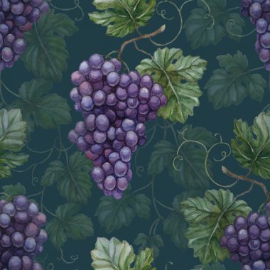 Seamless pattern with watercolor illustration of grapes clipart