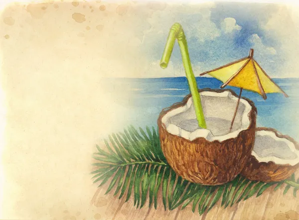 Watercolor background with illustration of coconut cocktail — Stock Photo, Image
