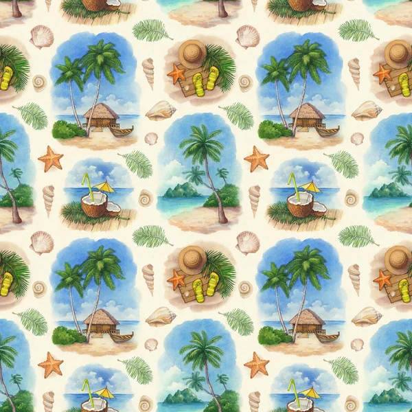 Watercolor seamless pattern with illustrations of a tropical paradise — Stock Photo, Image