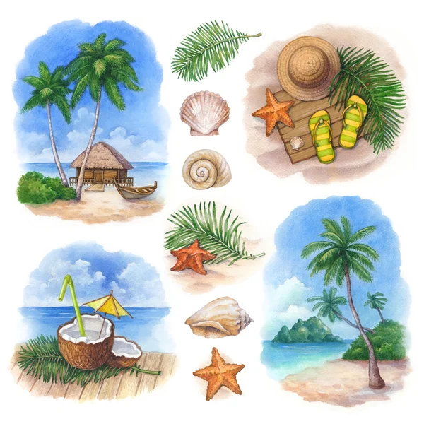 Watercolor illustrations of a tropical paradise — Stock Photo, Image