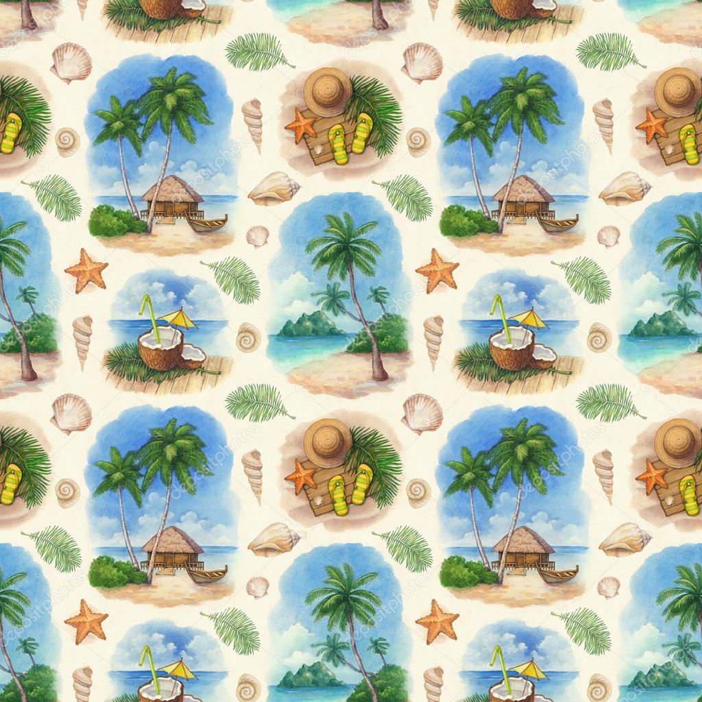 Watercolor seamless pattern with illustrations of a tropical paradise