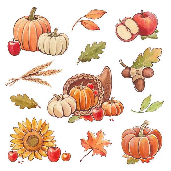 Collection of watercolor autumn illustrations. — Stock Photo, Image