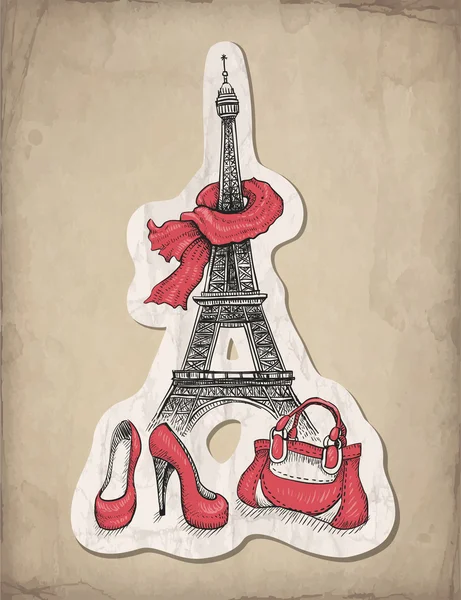 Fashion illustration. Eiffel Tower, shoes and handbag — Stock Vector