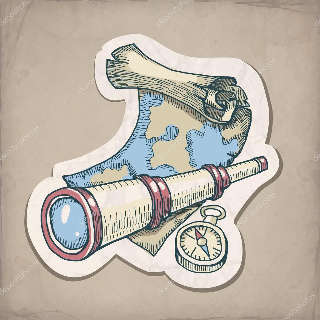 Vector illustration of spyglass, map and compass on the old pape