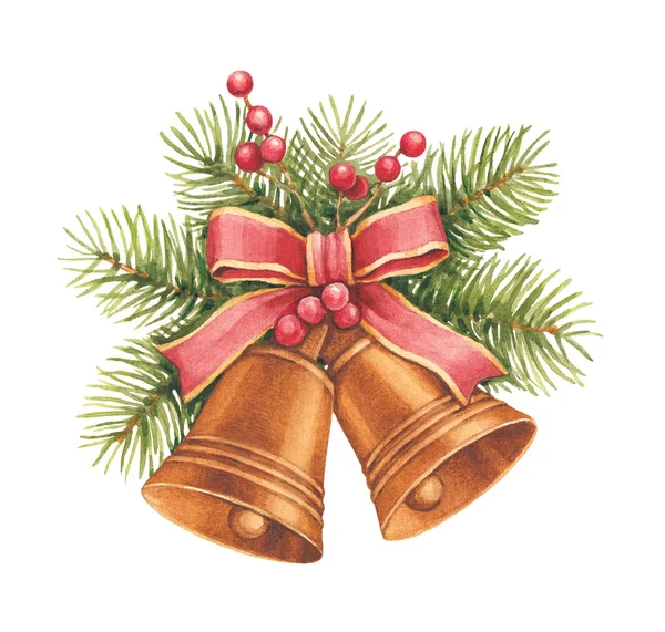 Akvarel vánoční obrázek. zvony a borovice a dekorace — Stock fotografie