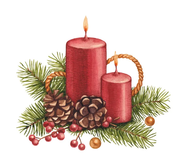 Watercolor christmas illustration. Candle and pine with decorati — Stock Photo, Image