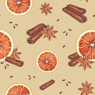 Sulu Boya Dikişsiz desen. portakal, anason ve tarçın çubukları