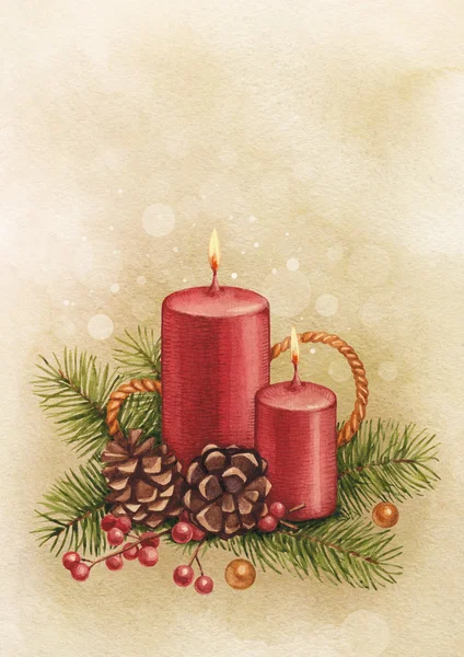 Vintage Weihnachtskarte. Aquarell Kerze und Kiefer mit Dekorationen — Stockfoto