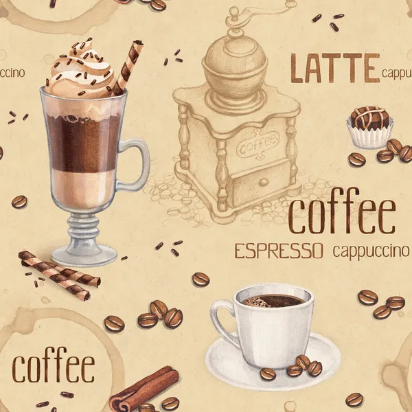 Seamless pattern with illustrations of coffee cup and coffee beans — Stock Photo, Image