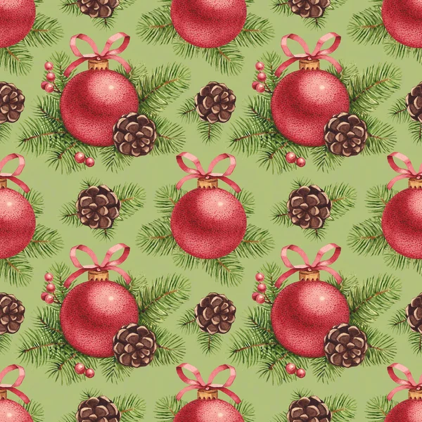 Watercolor Christmas pattern. Christmas ball and pine with decor — Stock Photo, Image