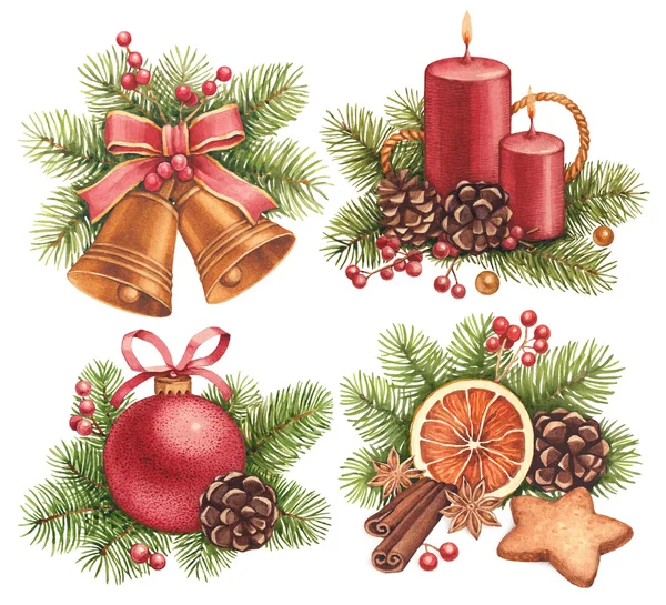 Aquarel Kerstmis bal, kaars, klokken, peperkoek cookies — Stockfoto