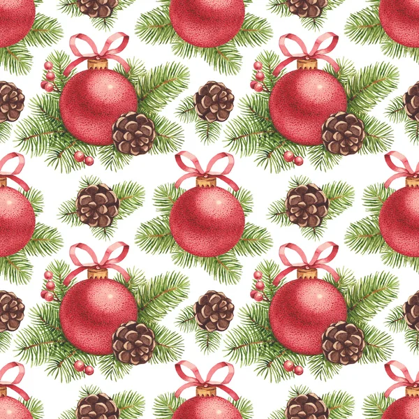 Watercolor Christmas pattern. Christmas ball and pine with decor — Stock Photo, Image