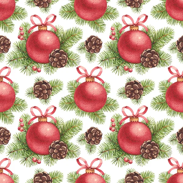 Watercolor Christmas pattern. Christmas ball and pine with decor