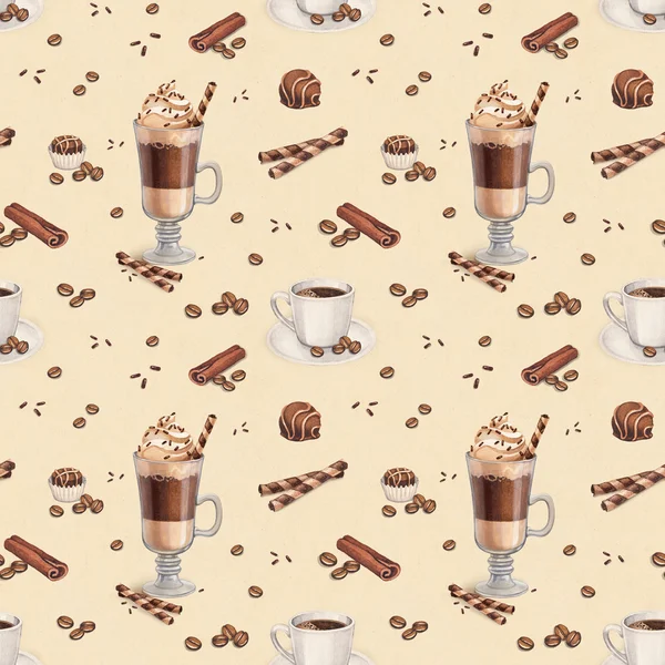 Padrão sem costura com ilustrações de xícara de café e chocolate — Fotografia de Stock