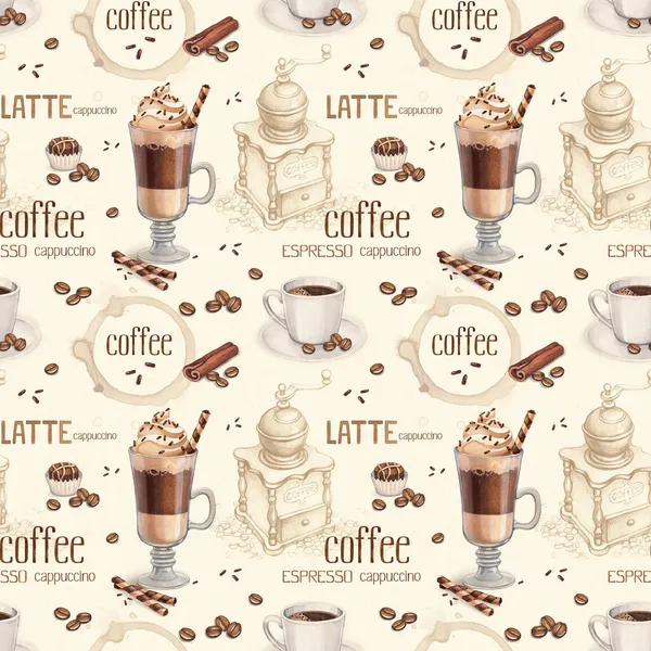 Seamless pattern with illustrations of coffee cup and coffee bea — Stock Photo, Image