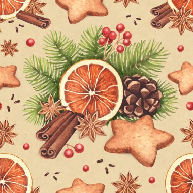 Suluboya Noel deseni. Zencefilli kurabiye ve Noel