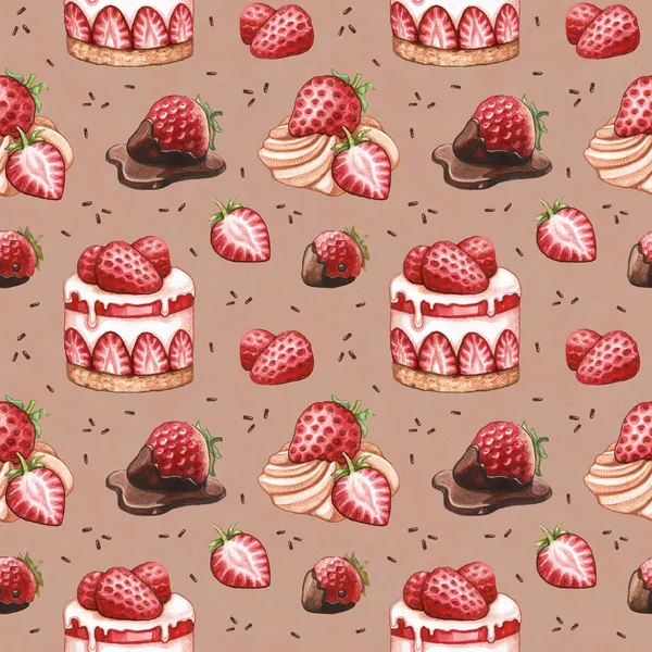 Nahtloses Muster mit Erdbeerkuchen-Illustrationen — Stockfoto
