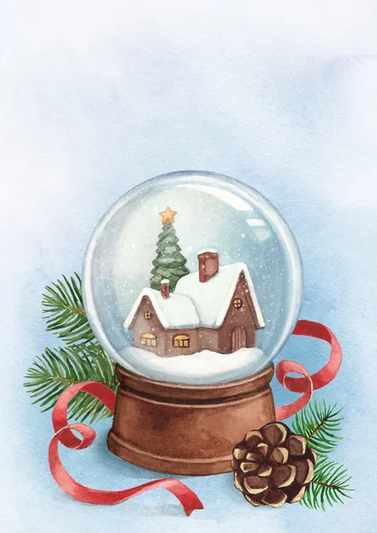 Biglietto di auguri natalizio con illustrazione di globo di neve — Foto Stock