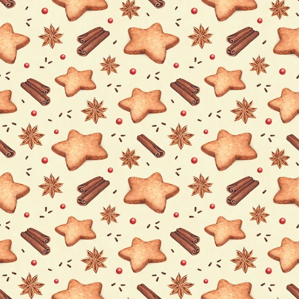 Aquarel naadloze patroon. peperkoek cookies en Kerstmis s — Stockfoto