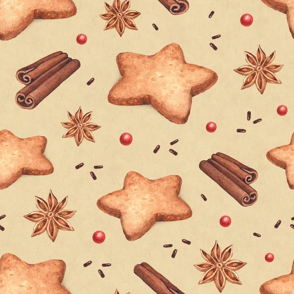 Akvarell varrat nélküli mintát. mézeskalács cookie-kat és a karácsonyi s — Stock Fotó