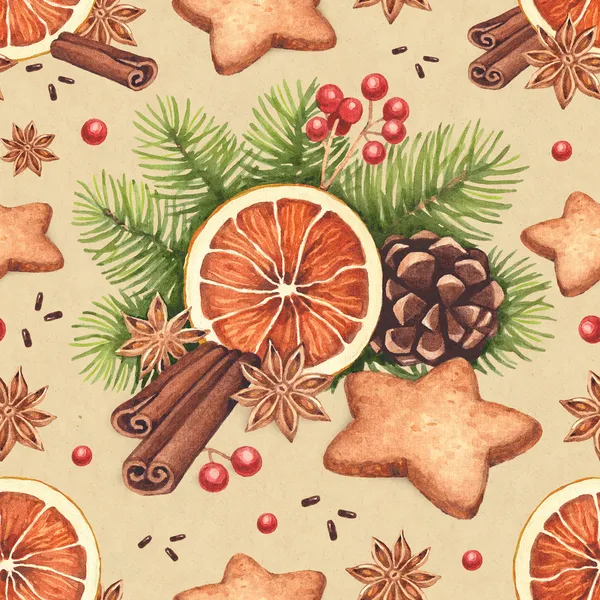Akvarell jul mönster. Pepparkakor och jul — Stockfoto