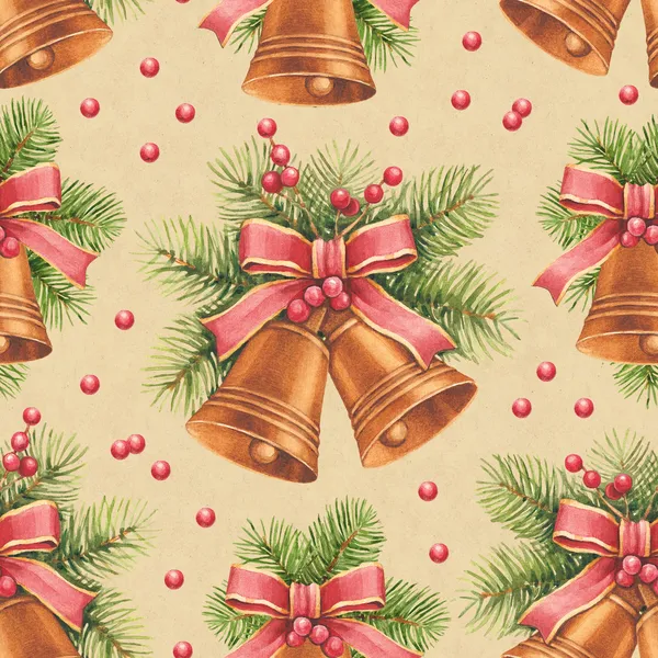 Vintage Christmas pattern. Watercolor bells and pine with decora — Stock Photo, Image