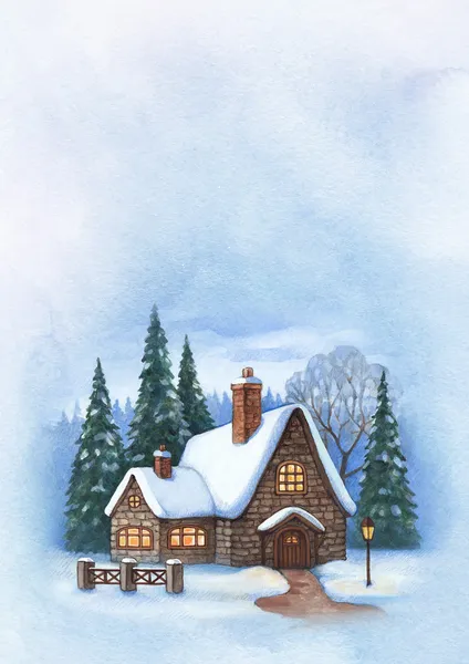 Carte de voeux de Noël avec illustration du paysage hivernal — Photo