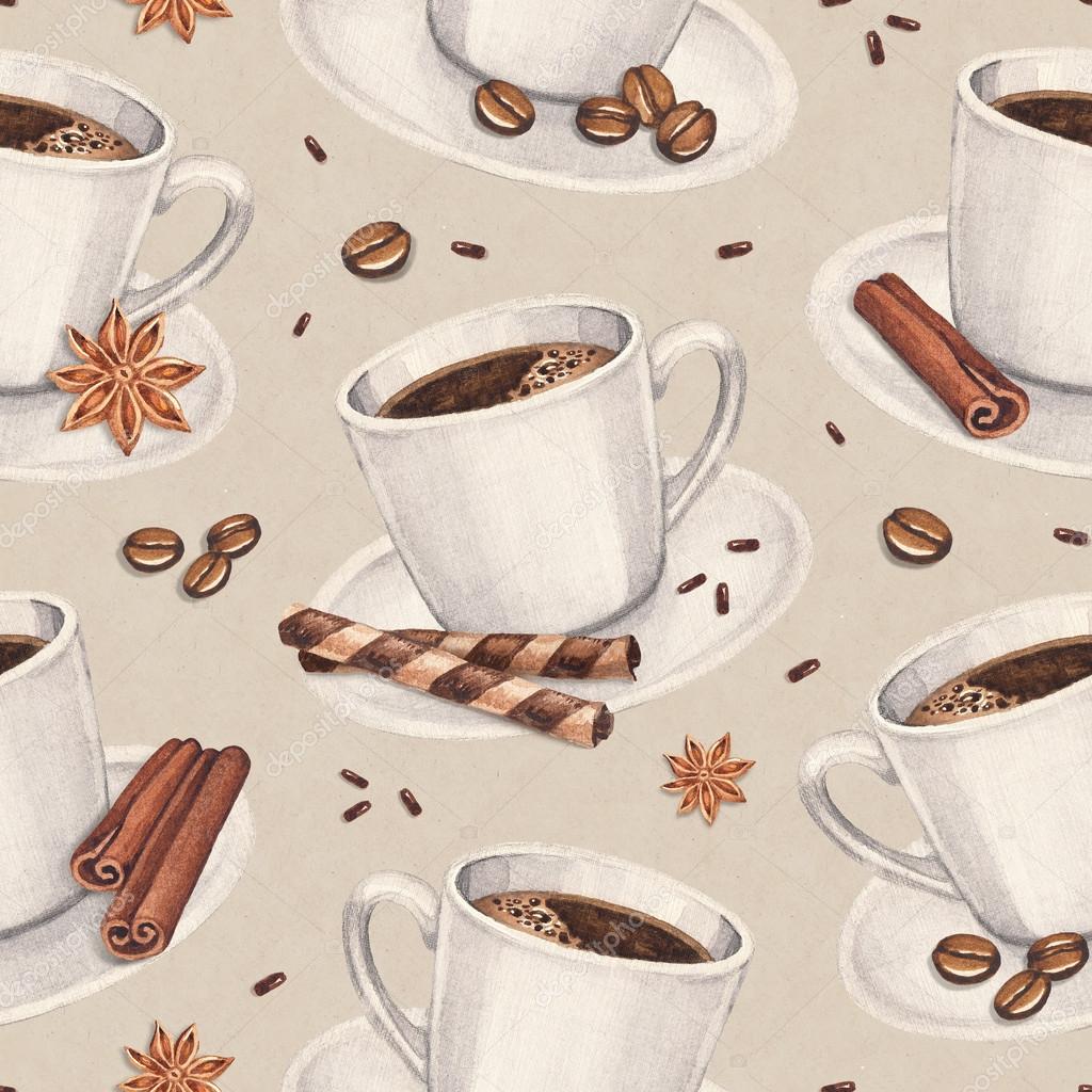 Watercolor illustrations of coffee cup. Seamless pattern