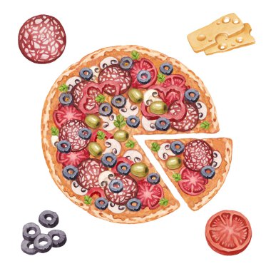 pizza ve malzemeyi suluboya çizimi
