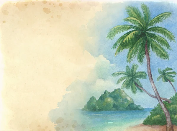 Fondo acuarela con ilustración de la playa tropical — Foto de Stock