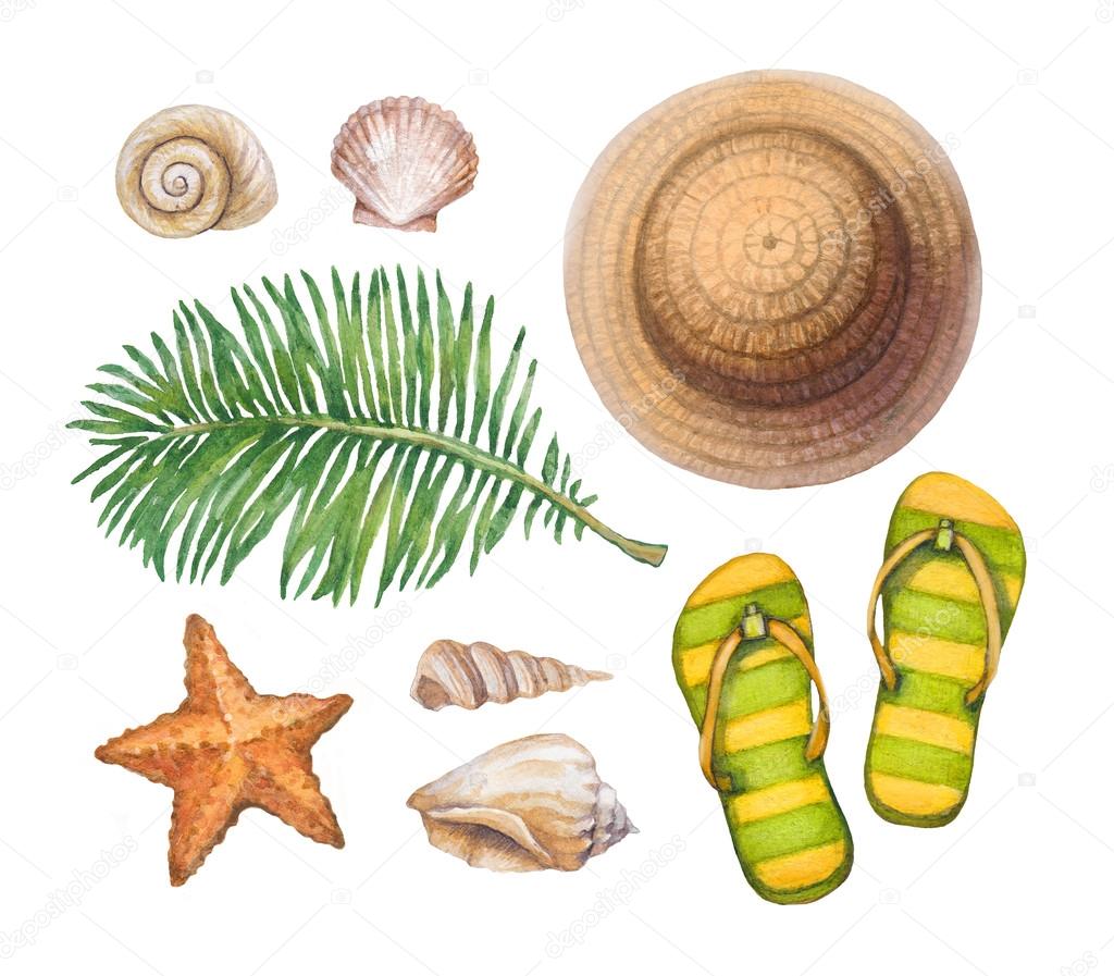 Summer holiday illustrations. Straw hat, flip flops, shells and