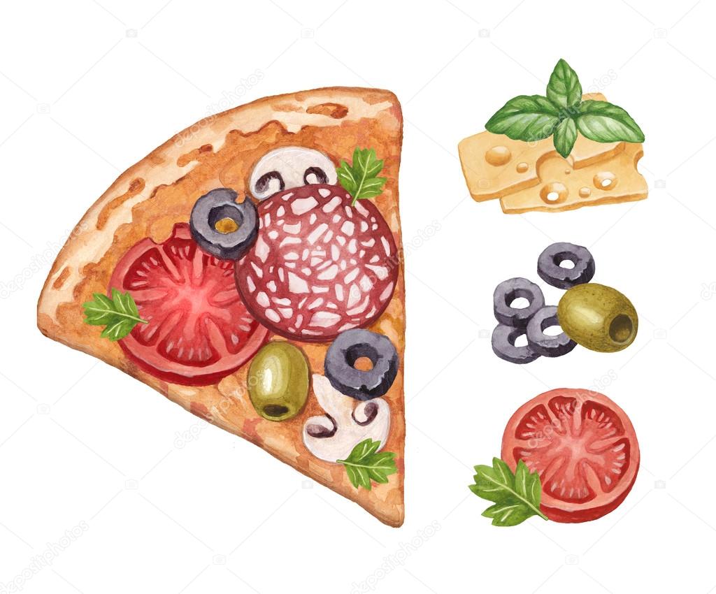 Watercolor illustration of pizza and ingredients