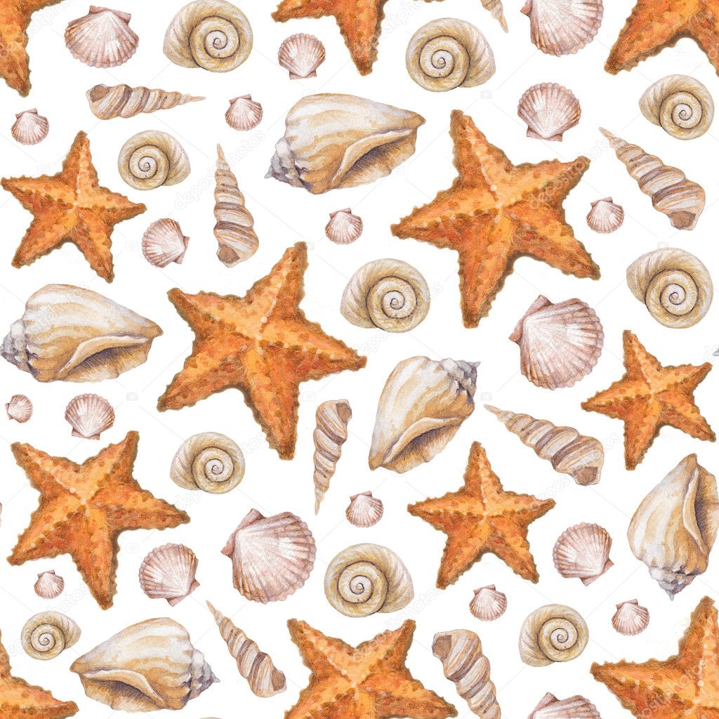 Artistic seamless pattern with watercolor shells and sea stars