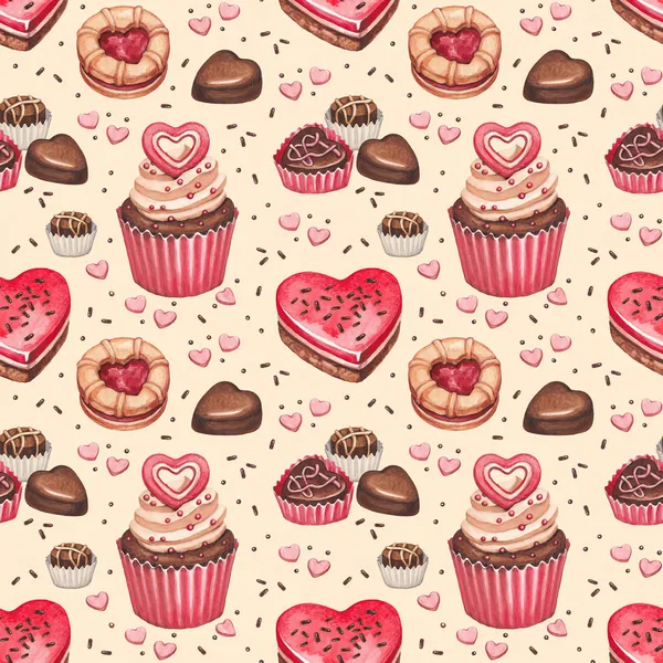 Plätzchen, Kuchen und Schokoladenbonbons zum Valentinstag — Stockfoto