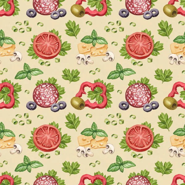 음식 재료의 일러스트와 함께 수채화 패턴 — 스톡 사진