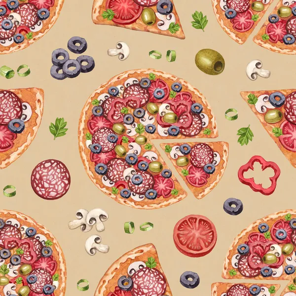Patrón sin costuras con ilustraciones de pizza — Foto de Stock