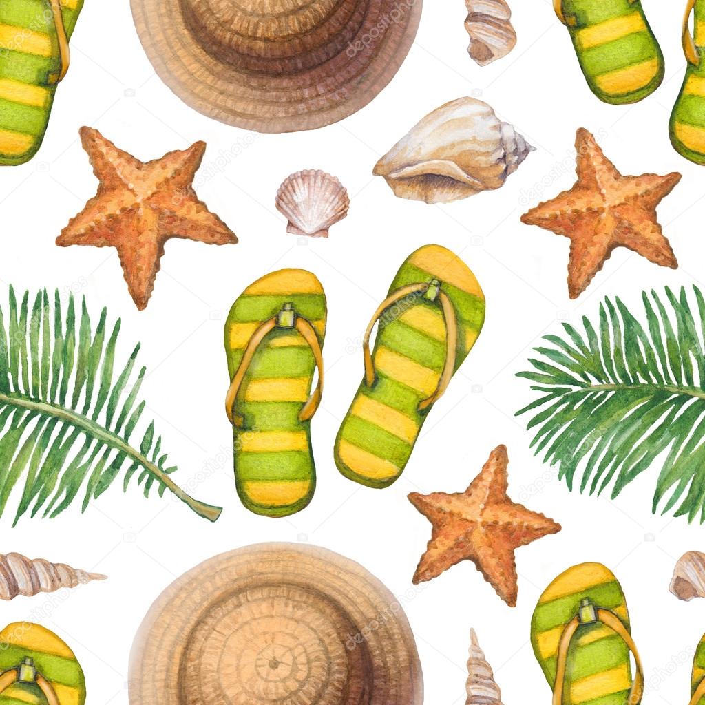 Summer holiday pattern. Straw hat, flip flops, shells and starfish